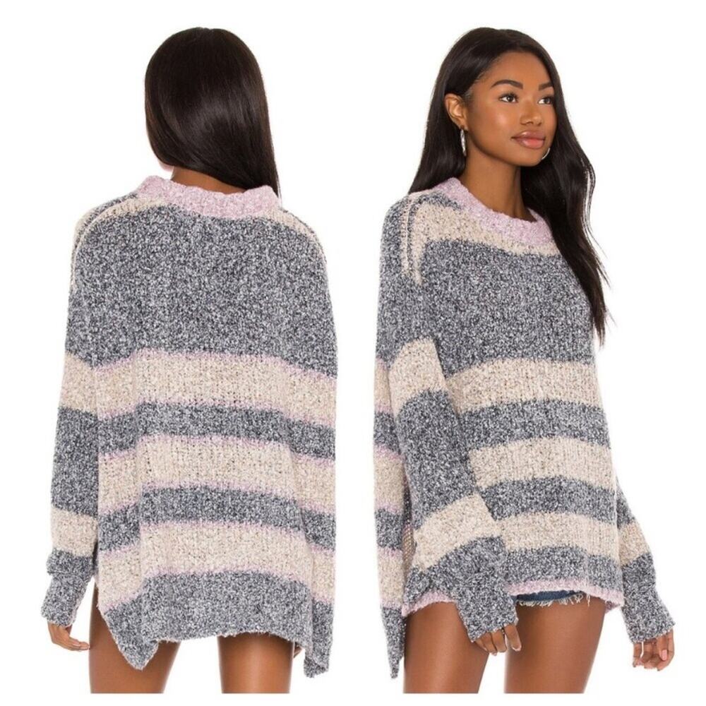 Free People BRB Blue Tan Striped Oversized Side Slit Tunic Sweater Size Large